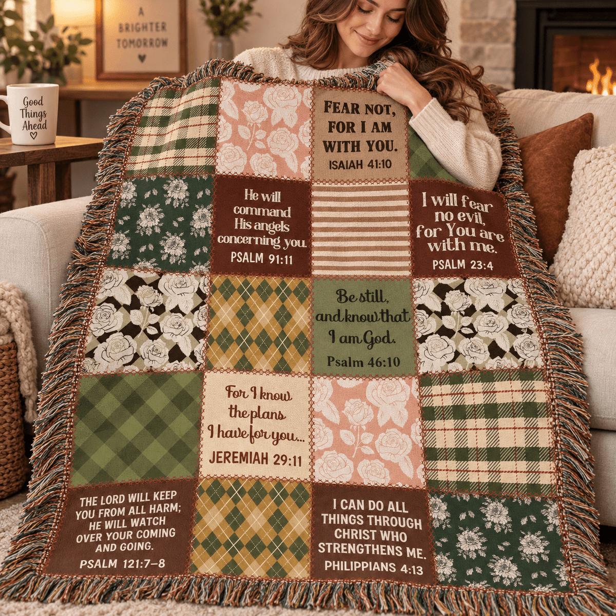 Christian Scripture Patchwork Woven Blanket – Bible Verse Faith Throw - Perfect Touch Keepsakes