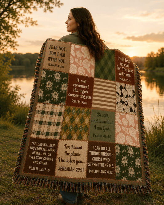 Christian Woven Blanket – Bible Verse Scripture Patchwork Faith Throw, 80" × 60" - Perfect Touch Keepsakes