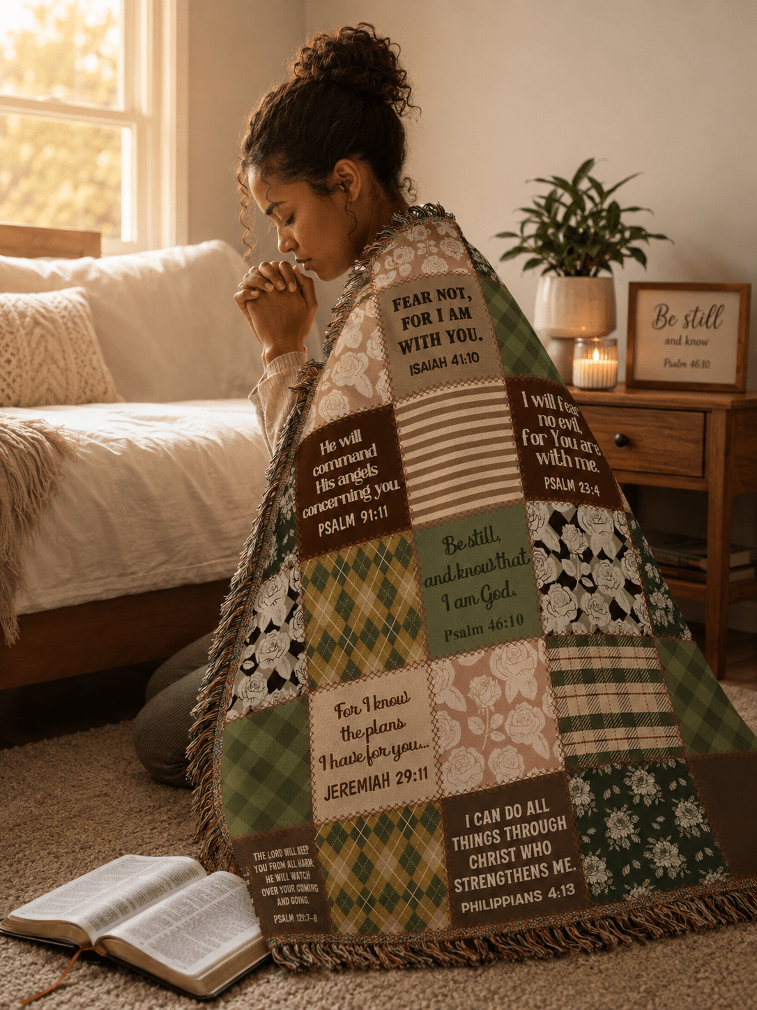 Christian Woven Blanket – Bible Verse Scripture Patchwork Faith Throw, 80" × 60" - Perfect Touch Keepsakes