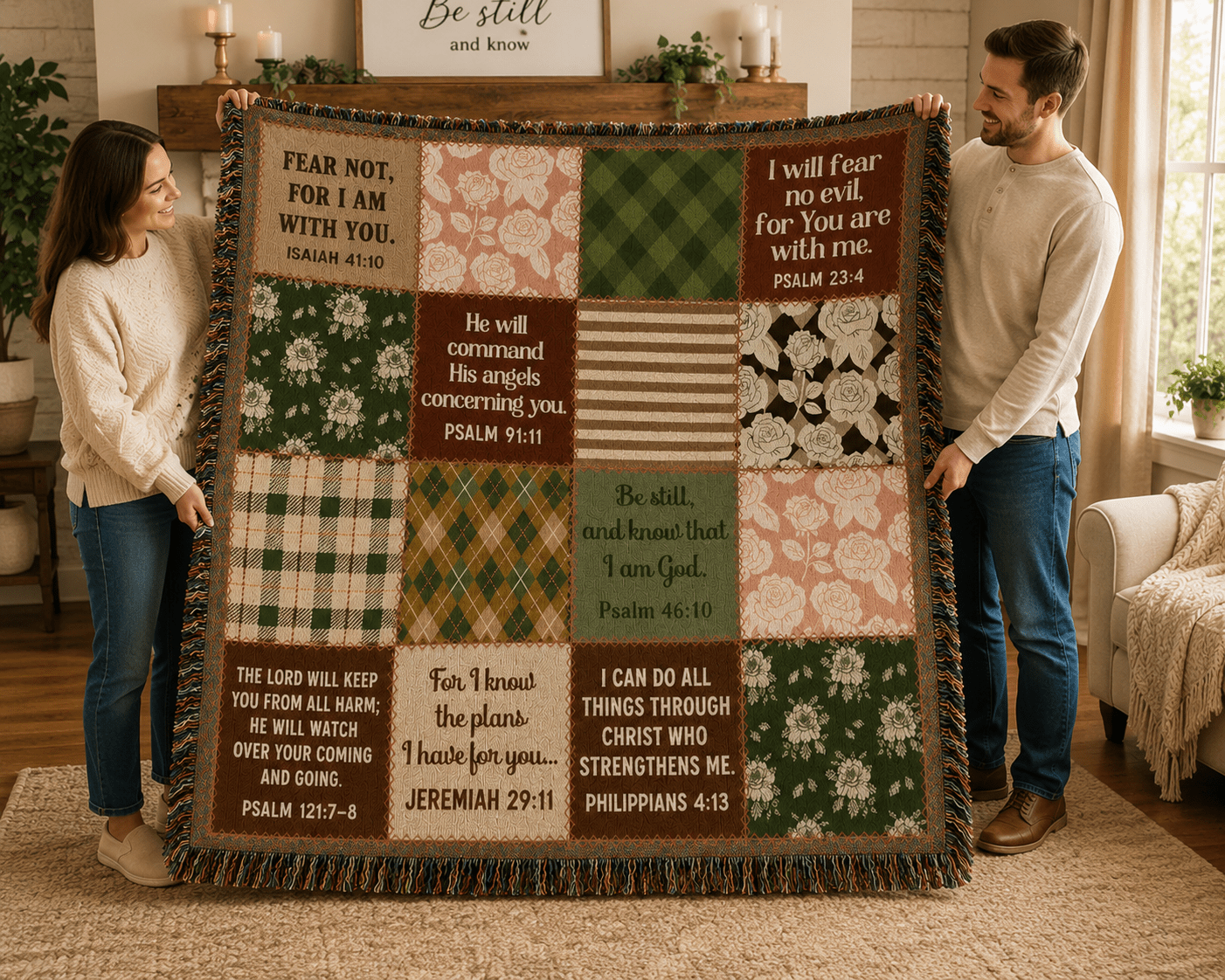 Christian Woven Blanket – Bible Verse Scripture Patchwork Faith Throw, 80" × 60" - Perfect Touch Keepsakes