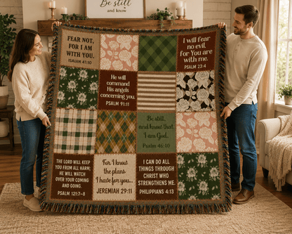 Christian Woven Blanket – Bible Verse Scripture Patchwork Faith Throw, 80" × 60" - Perfect Touch Keepsakes