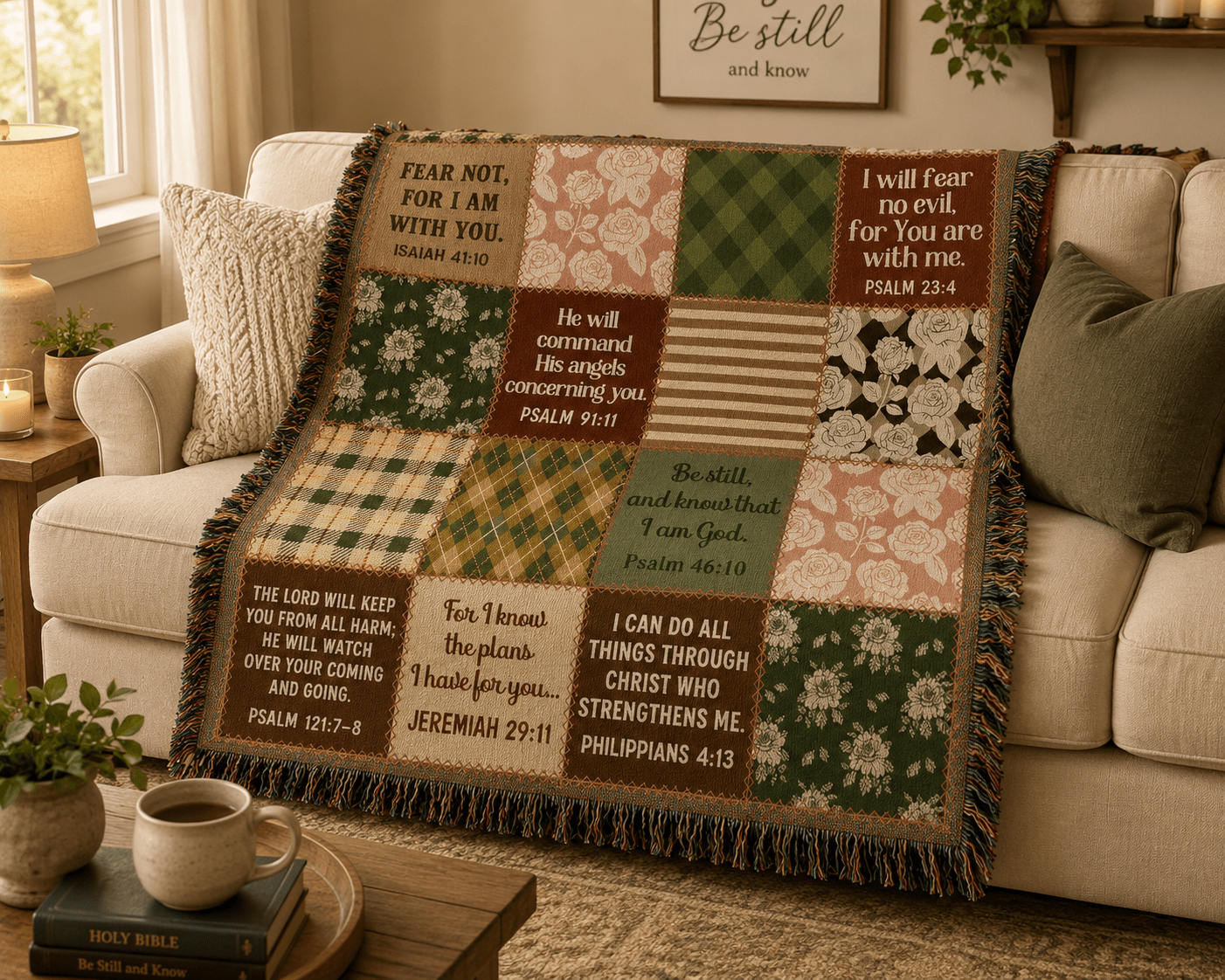 Christian Woven Blanket – Bible Verse Scripture Patchwork Faith Throw, 80" × 60" - Perfect Touch Keepsakes