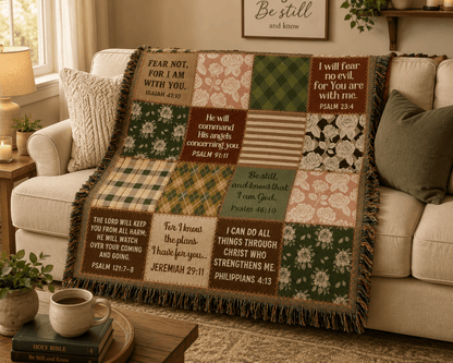 Christian Woven Blanket – Bible Verse Scripture Patchwork Faith Throw, 80" × 60" - Perfect Touch Keepsakes