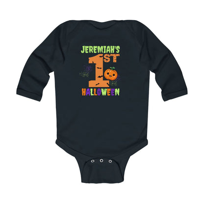 Personalized Baby’s 1st Halloween Long-Sleeve Onesie – Custom Name Pumpkin Bodysuit | Infant Fall Outfit & Photo Prop