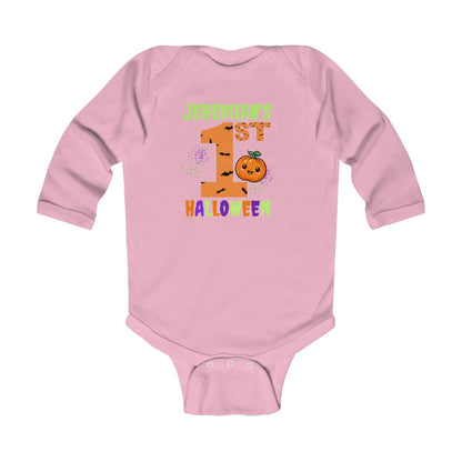 Personalized Baby’s 1st Halloween Long-Sleeve Onesie – Custom Name Pumpkin Bodysuit | Infant Fall Outfit & Photo Prop