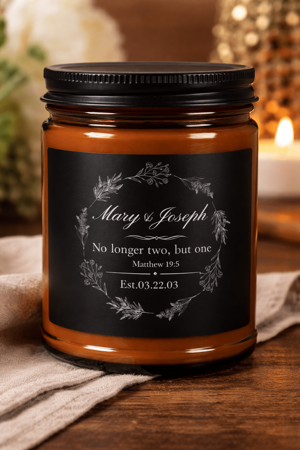Personalizable Christian Anniversary Candle — Scented Soy in Amber Jar - Perfect Touch Keepsakes
