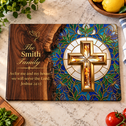 Personalized Christian Family Glass Cutting Board – Joshua 24:15 - Perfect Touch Keepsakes