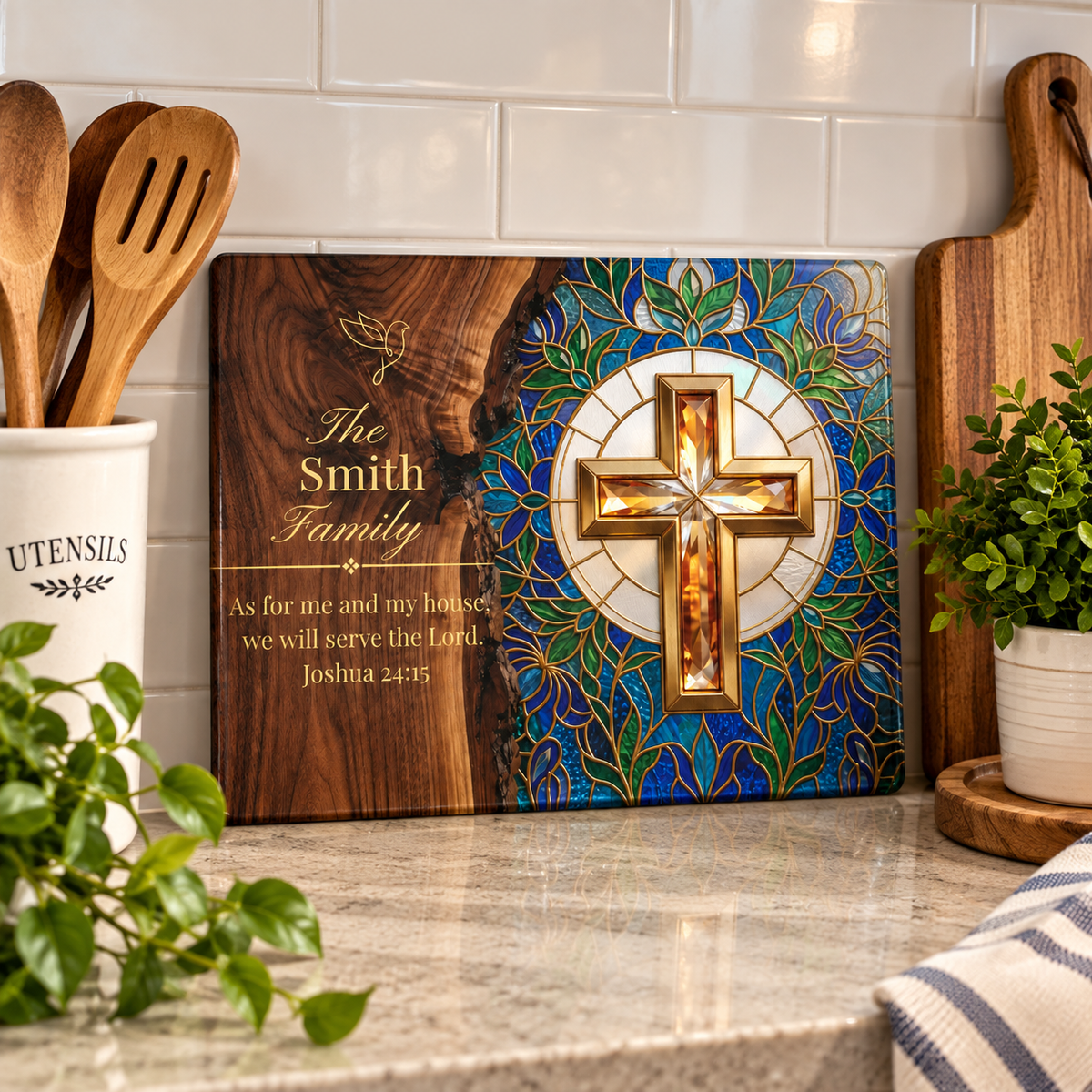 Personalized Christian Family Glass Cutting Board – Joshua 24:15 - Perfect Touch Keepsakes