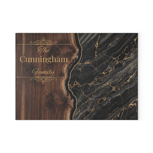Personalized Family Name Cutting Board – Black Marble & Gold Glass Board - Perfect Touch Keepsakes