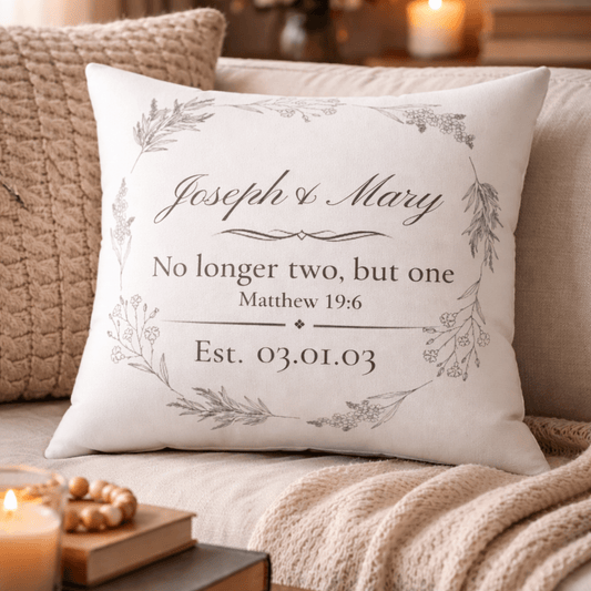 Personalized Wedding Pillow — "No longer two, but one" Custom Name & Date Decorative Pillow - Perfect Touch Keepsakes