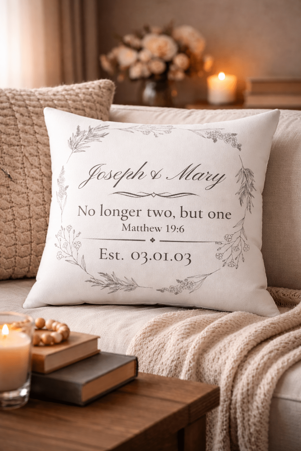 Personalized Wedding Pillow — "No longer two, but one" Custom Name & Date Decorative Pillow - Perfect Touch Keepsakes