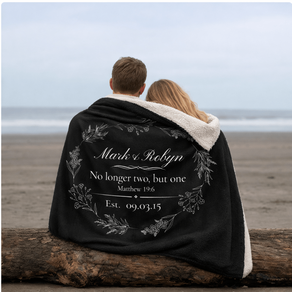 Personalized Wedding Sherpa Blanket – 'No longer two, but one' Vow Quote with Names & Est. Date - Perfect Touch Keepsakes