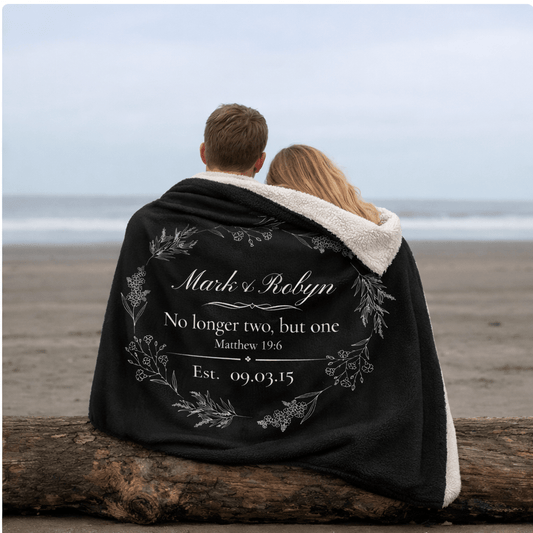 Personalized Wedding Sherpa Blanket – 'No longer two, but one' Vow Quote with Names & Est. Date - Perfect Touch Keepsakes