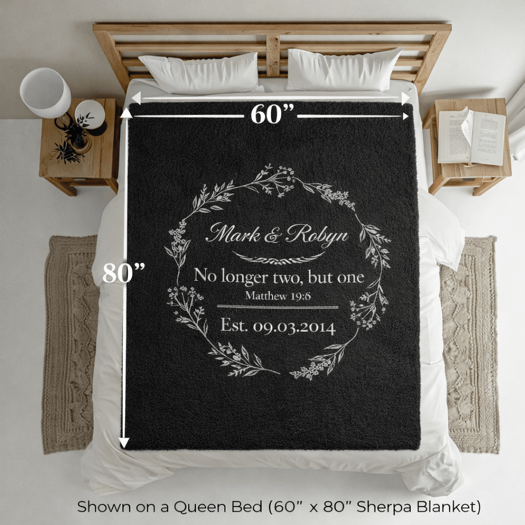 Personalized Wedding Sherpa Blanket – 'No longer two, but one' Vow Quote with Names & Est. Date - Perfect Touch Keepsakes