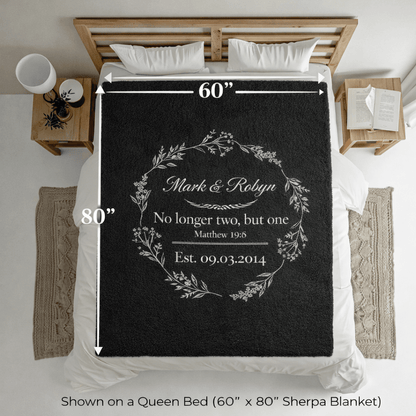 Personalized Wedding Sherpa Blanket – 'No longer two, but one' Vow Quote with Names & Est. Date - Perfect Touch Keepsakes