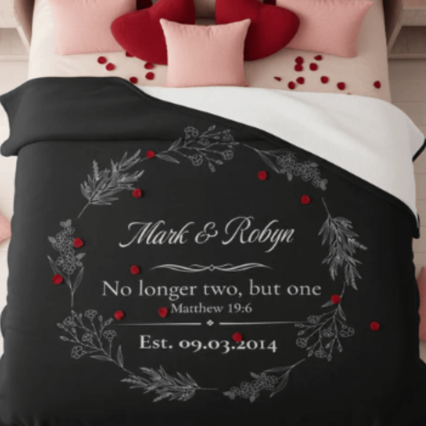 Personalized Wedding Sherpa Blanket – 'No longer two, but one' Vow Quote with Names & Est. Date - Perfect Touch Keepsakes