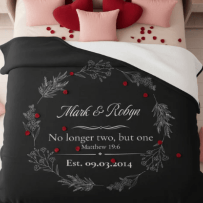 Personalized Wedding Sherpa Blanket – 'No longer two, but one' Vow Quote with Names & Est. Date - Perfect Touch Keepsakes