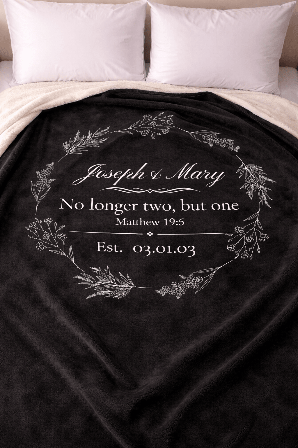 Personalized Wedding Sherpa Blanket – 'No longer two, but one' Vow Quote with Names & Est. Date - Perfect Touch Keepsakes