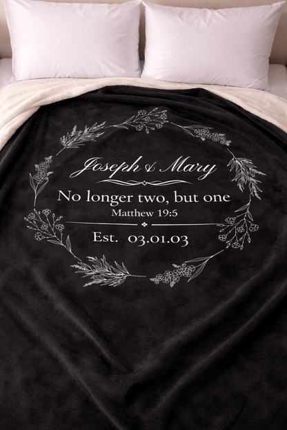 Personalized Wedding Sherpa Blanket – 'No longer two, but one' Vow Quote with Names & Est. Date - Perfect Touch Keepsakes