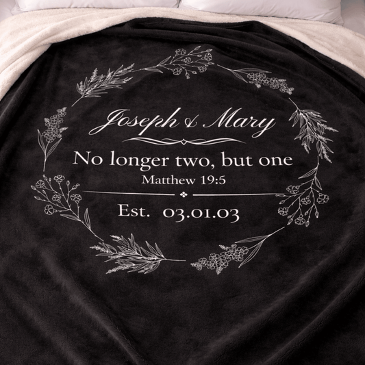 Personalized Wedding Sherpa Blanket – 'No longer two, but one' Vow Quote with Names & Est. Date - Perfect Touch Keepsakes