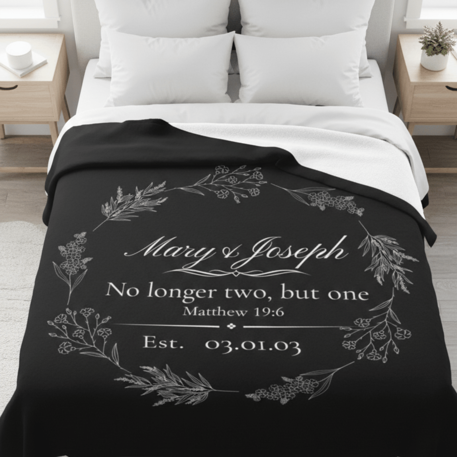 Personalized Wedding Sherpa Blanket – 'No longer two, but one' Vow Quote with Names & Est. Date - Perfect Touch Keepsakes