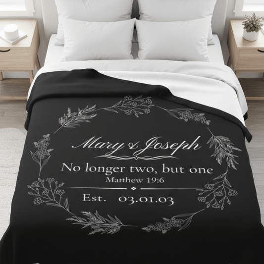 Personalized Wedding Sherpa Blanket – 'No longer two, but one' Vow Quote with Names & Est. Date - Perfect Touch Keepsakes