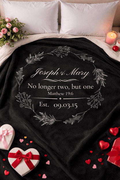 Personalized Wedding Sherpa Blanket – 'No longer two, but one' Vow Quote with Names & Est. Date - Perfect Touch Keepsakes
