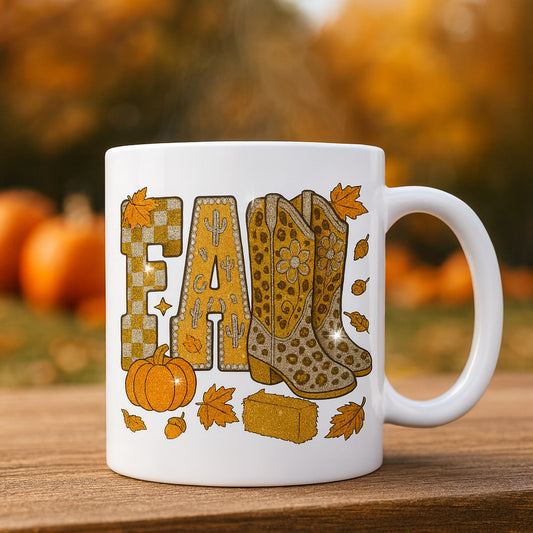 Glitter Fall Mug with Cowboy Boots – Autumn Coffee Cup | Western Pumpkin & Hay Bale Design | Thanksgiving Gift | 11oz White Ceramic Mug
