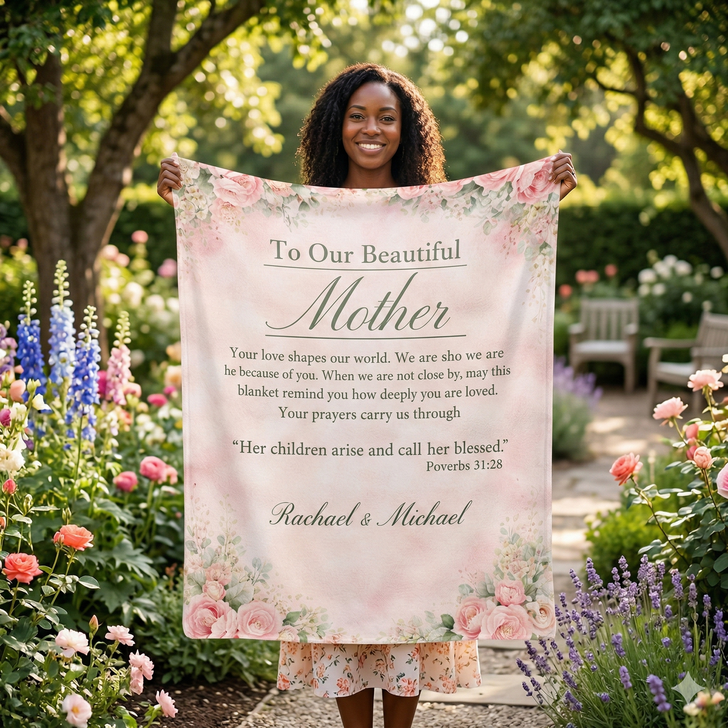 Sherpa Fleece Blanket — "To Our Beautiful Mother" Floral Keepsake Gift (Personalized Names) - Perfect Touch Keepsakes