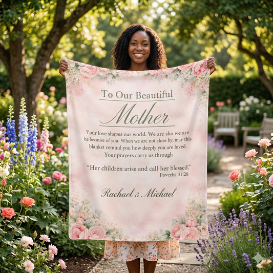 Sherpa Fleece Blanket — "To Our Beautiful Mother" Floral Keepsake Gift (Personalized Names) - Perfect Touch Keepsakes