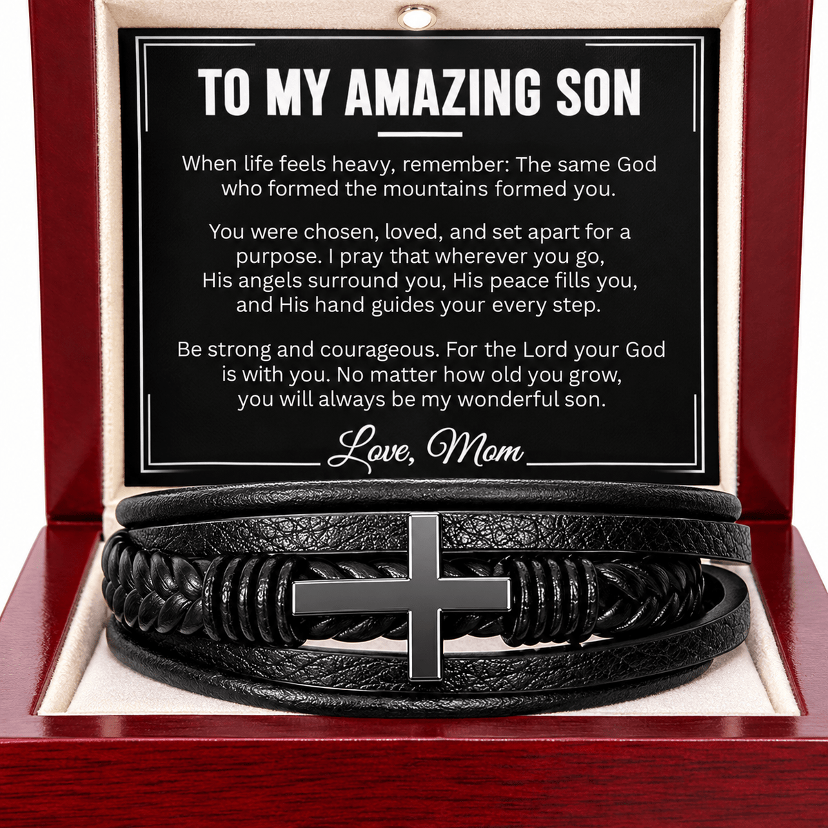 To My Amazing Son Cross Leather Bracelet — From Mom - Perfect Touch Keepsakes