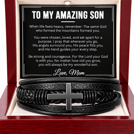 To My Amazing Son Cross Leather Bracelet — From Mom - Perfect Touch Keepsakes