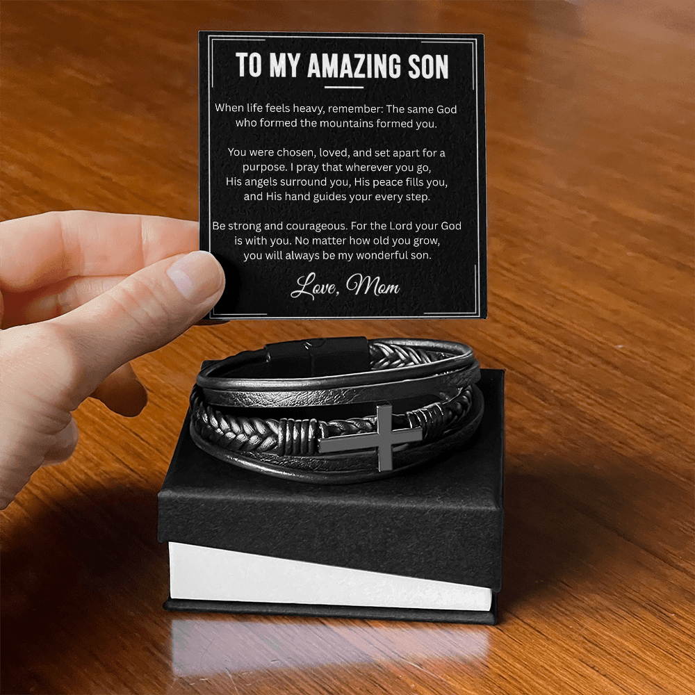 To My Amazing Son – Cross Leather Bracelet (From Mom) - Perfect Touch Keepsakes