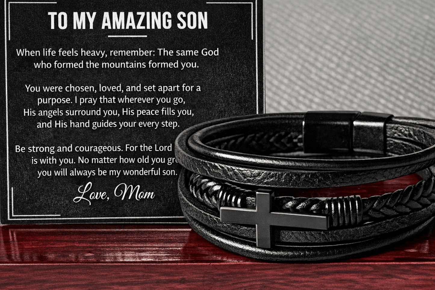 To My Amazing Son – Cross Leather Bracelet (From Mom) - Perfect Touch Keepsakes