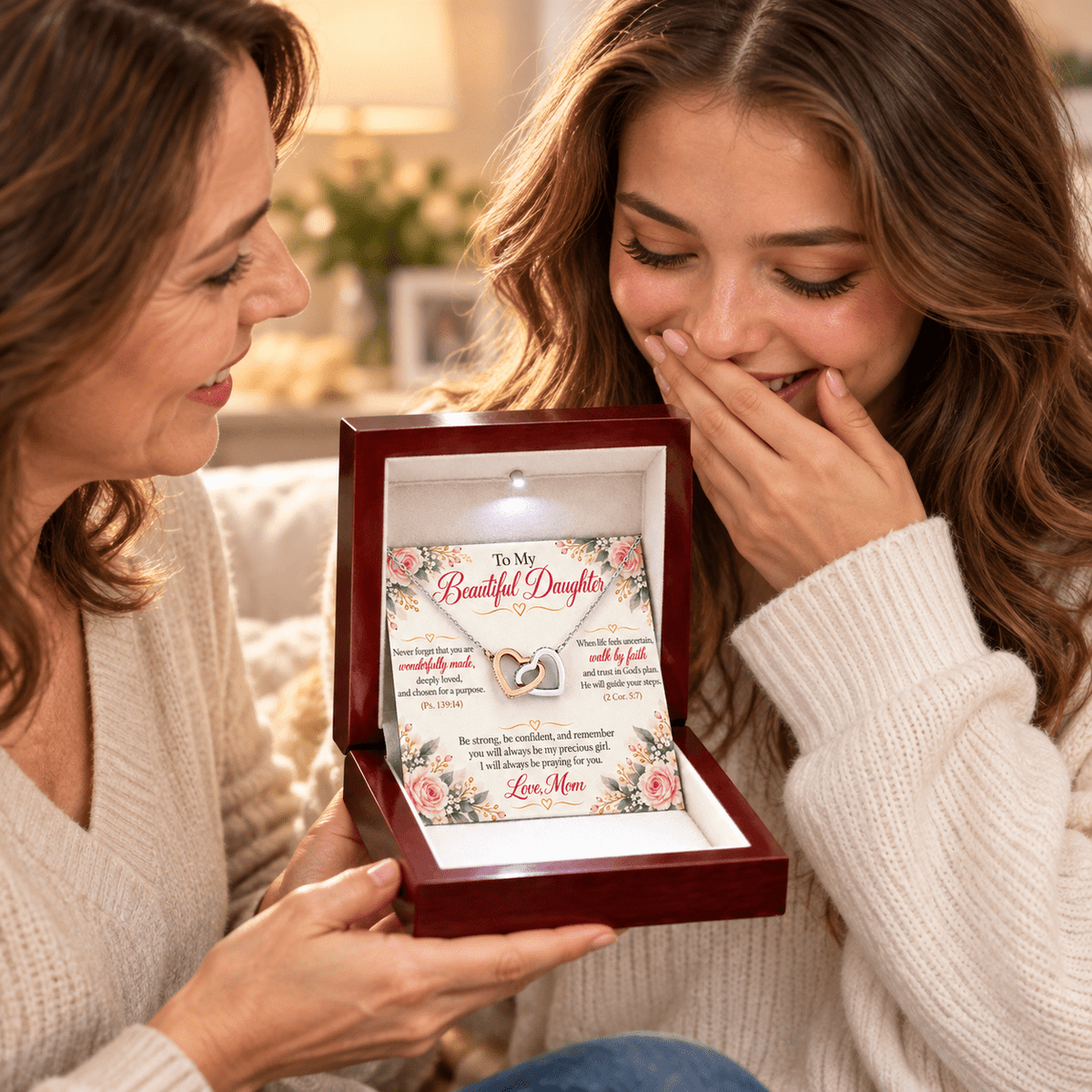 To My Beautiful Daughter Interlocking Hearts Necklace – Christian Gift From Mom - Perfect Touch Keepsakes