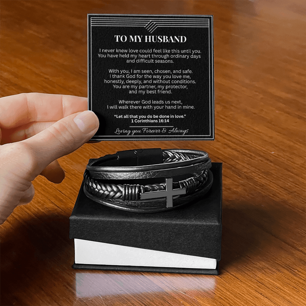 To My Husband – Christian Cross Leather Bracelet With Message Card - Perfect Touch Keepsakes