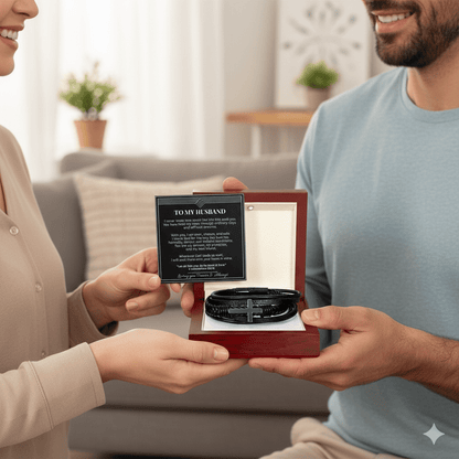 To My Husband – Christian Cross Leather Bracelet With Message Card - Perfect Touch Keepsakes