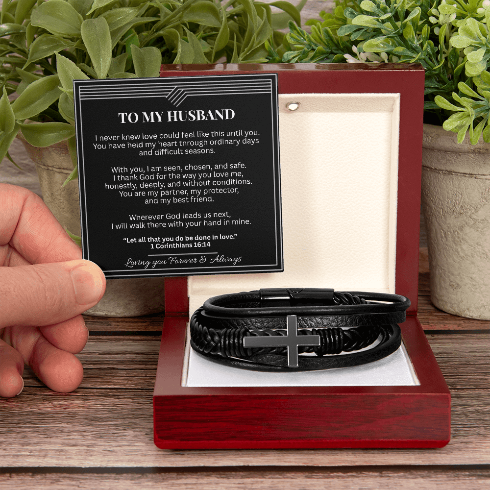 To My Husband – Christian Cross Leather Bracelet With Message Card - Perfect Touch Keepsakes