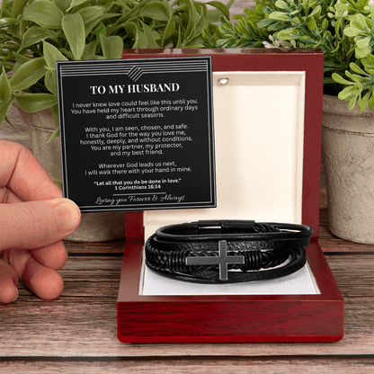 To My Husband – Christian Cross Leather Bracelet With Message Card - Perfect Touch Keepsakes
