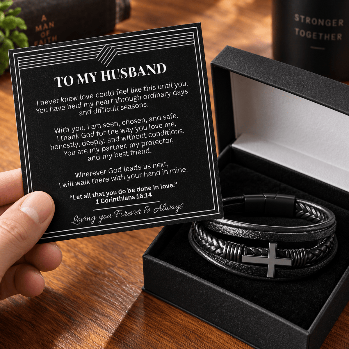 To My Husband Cross Leather Bracelet With Message Card - Perfect Touch Keepsakes