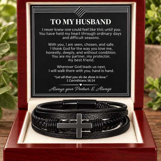 To My Husband Cross Leather Bracelet With Message Card - Perfect Touch Keepsakes