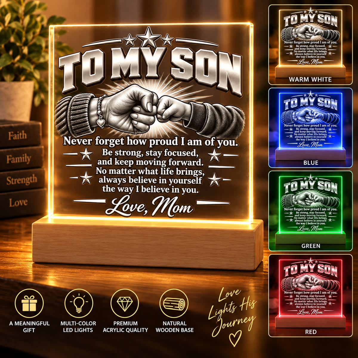To My Son – Never Forget Fist Bump Acrylic LED Plaque From Mom - Perfect Touch Keepsakes