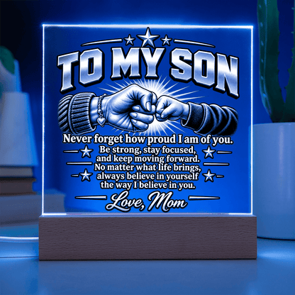 To My Son – Never Forget Fist Bump Acrylic LED Plaque From Mom - Perfect Touch Keepsakes