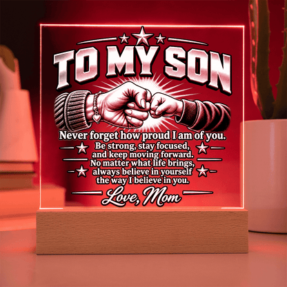 To My Son – Never Forget Fist Bump Acrylic LED Plaque From Mom - Perfect Touch Keepsakes