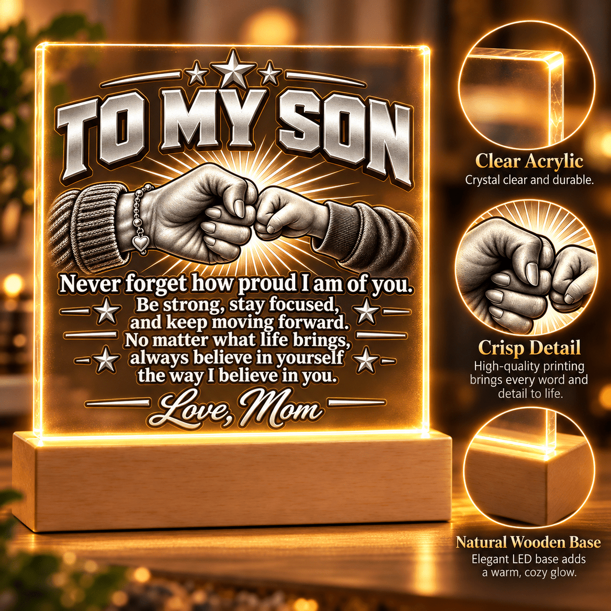 To My Son – Never Forget Fist Bump Acrylic LED Plaque From Mom - Perfect Touch Keepsakes