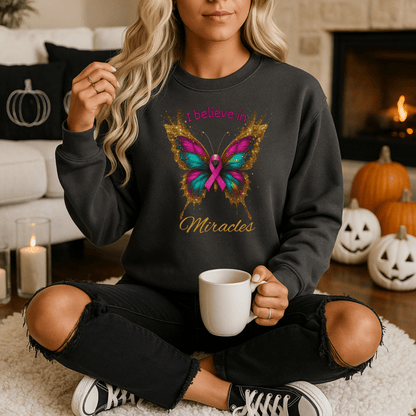 Uplifting pink - ribbon butterfly sweatshirt for faith, hope, and support. Cozy unisex fit—perfect gift for survivors, supporters, and Wear Pink season. - Perfect Touch Keepsakes