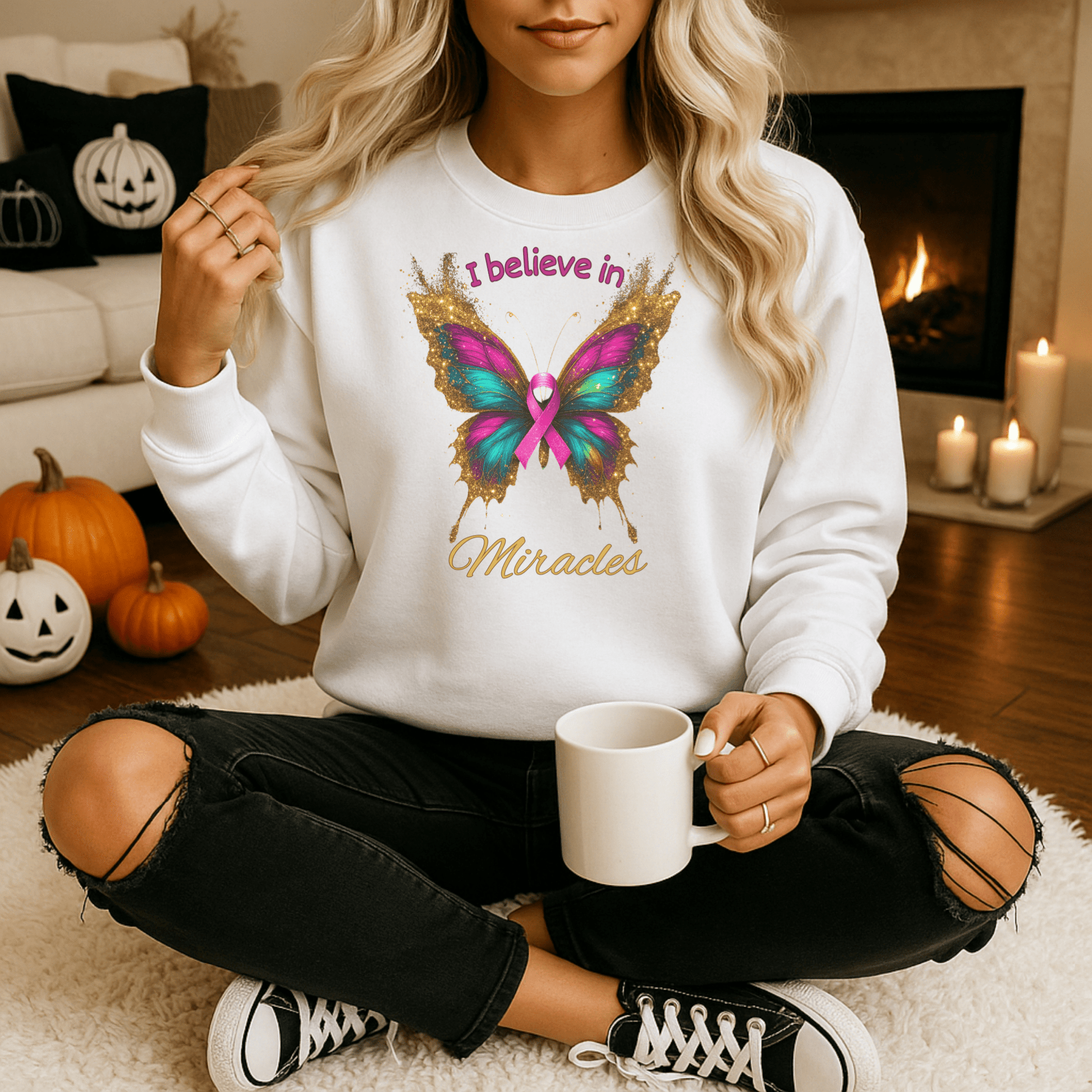 Uplifting pink - ribbon butterfly sweatshirt for faith, hope, and support. Cozy unisex fit—perfect gift for survivors, supporters, and Wear Pink season. - Perfect Touch Keepsakes